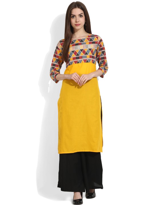 Women Yellow Printed Straight Kurta M