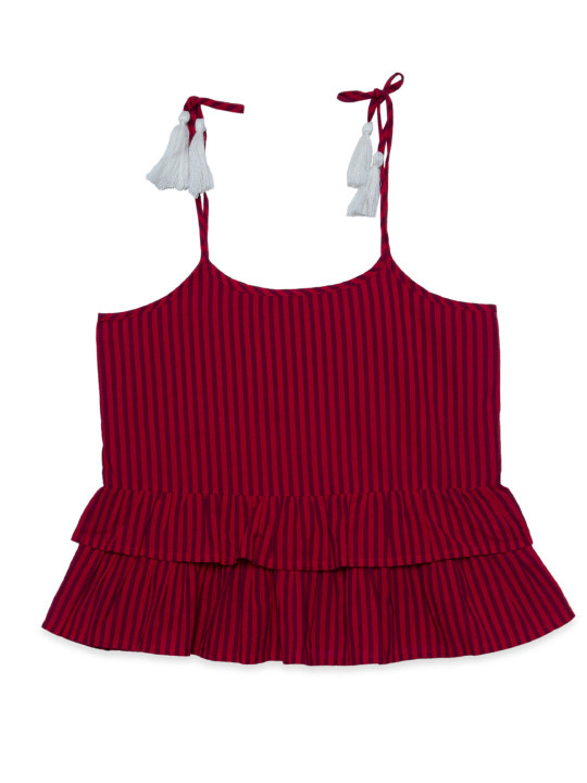 Hoop Hippo Maroon & Black Striped Spagetti Tassels Top