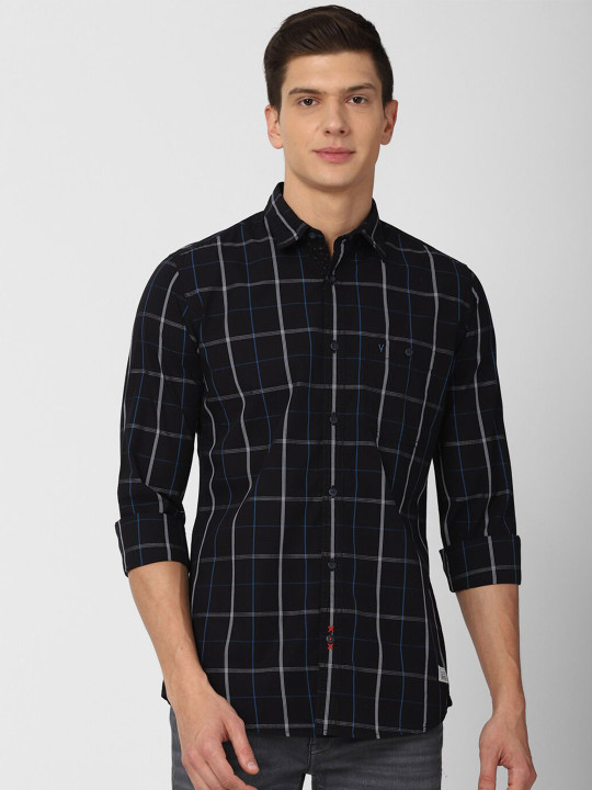VAN HEUSEN DENIM LABS Men Black & White Slim Fit Checked Pure Cotton Casual Shirt