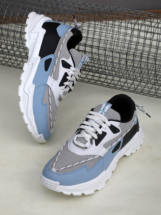 Kook N Keech Men Grey & Blue Woven Design & Colourblocked Sneakers