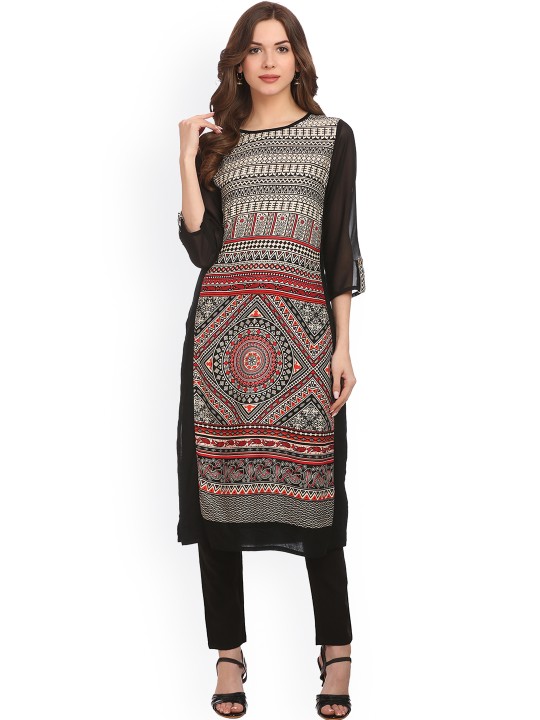 Women Black & White Printed Straight Kurta S