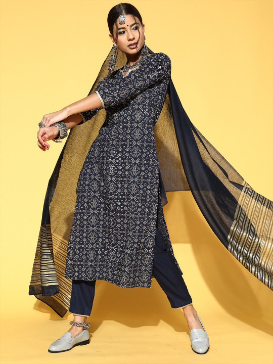 Indo Era Navy Blue & Gold-Toned Organza Dupatta