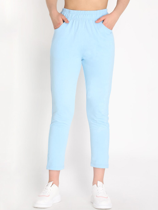 CHKOKKO Women Blue Solid Cotton Track Pants