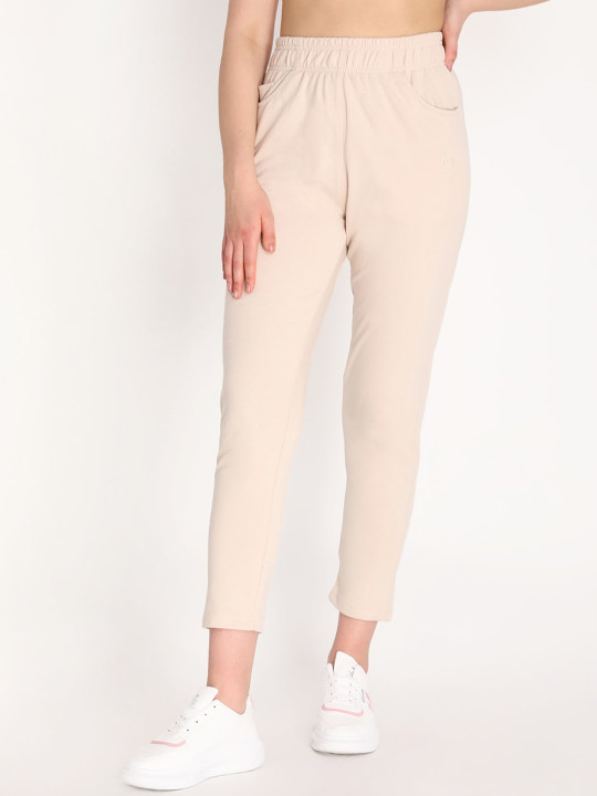 CHKOKKO Women Beige Solid Cotton Track Pants