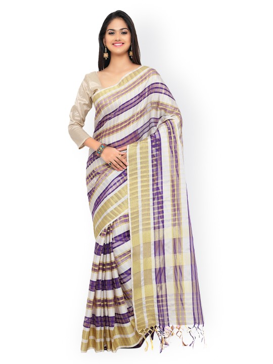 White & Purple Checked Cotton Silk Traditional Saree