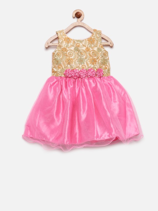 Girls Pink & Beige Embroidered Fit & Flare Dress 2Y