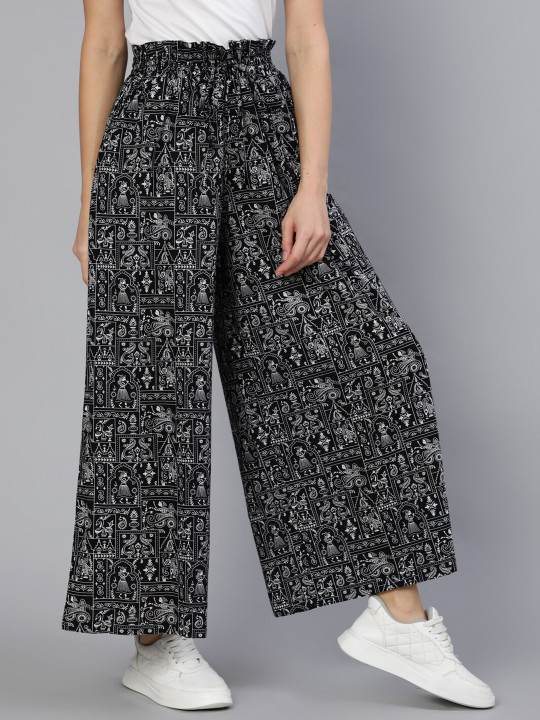 Nayo Women Black & White Ethnic Motifs Printed Cotton Palazzos