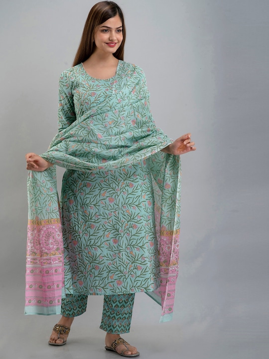 Women Sea Green Floral Yoke Design Pleated Pure Cotton Top with Skirt & With Dupatta