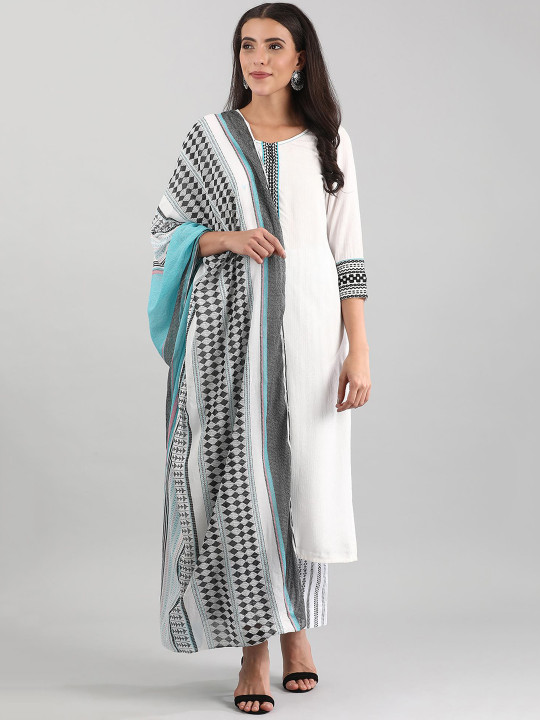 AURELIA Women White Panelled Kurta with Trousers & With Dupatta