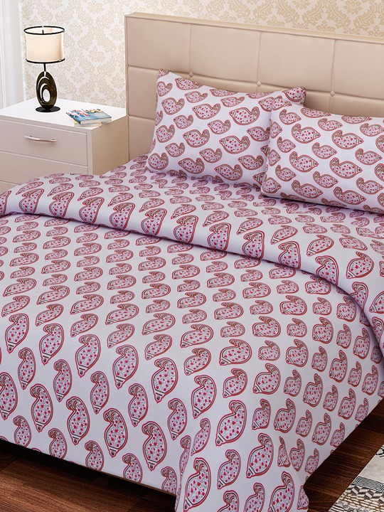 White & Pink Cotton Double Bedsheet with 2 Pillow Covers