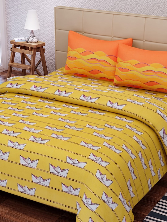 Yellow & Orange 180 TC Cotton Double Bedsheet with 2 Pillow Covers
