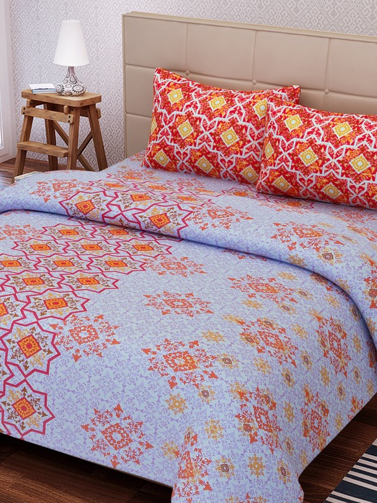 Purple & Orange 180 TC Cotton Double Bedsheet with 2 Pillow Covers