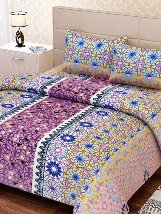 Purple Printed 180 TC Cotton Double Bedsheet with 2 Pillow Covers