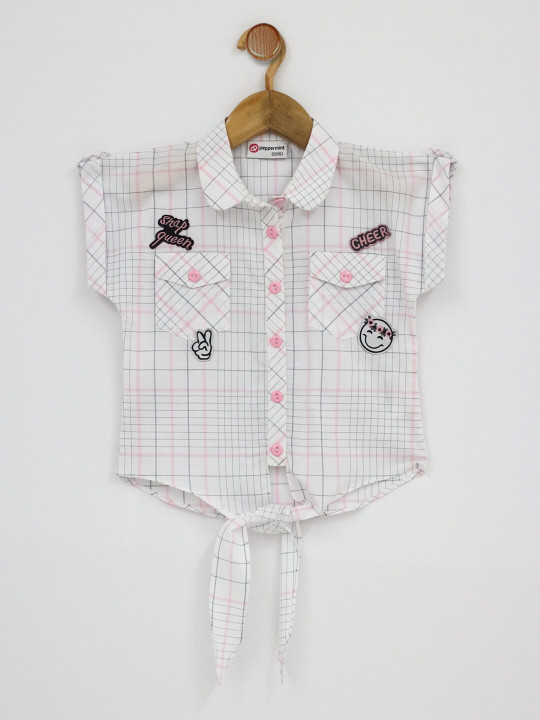 Peppermint Girls White Checked Cotton Shirt Style Top