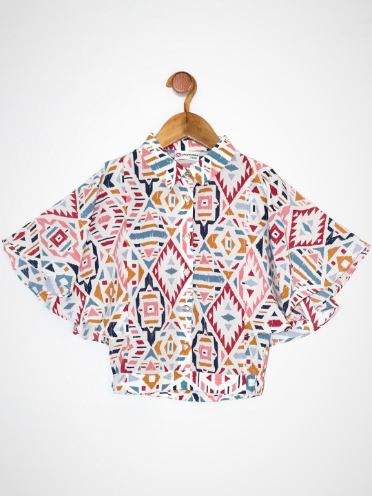 Peppermint Girls White & Pink Geometric Print Chiffon Shirt Style Top