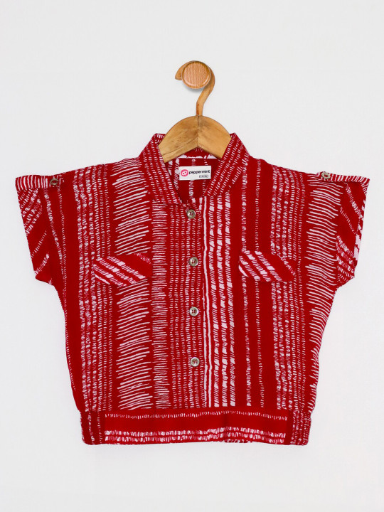 Peppermint Girls Red Print Mandarin Collar Extended Sleeves Top