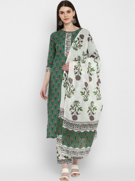 KALINI Women Green Floral Printed Pure Cotton Kurta with Trousers & Dupatta