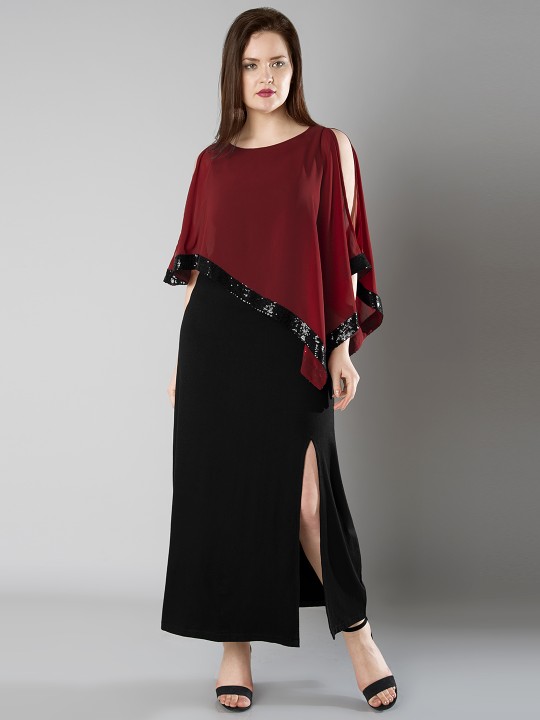 Women Red & Black Sequinned Cape Maxi Dress XL