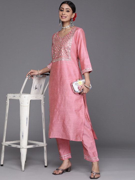 Varanga Women Pink Yoke Design Mirror Work Kurta with Trousers