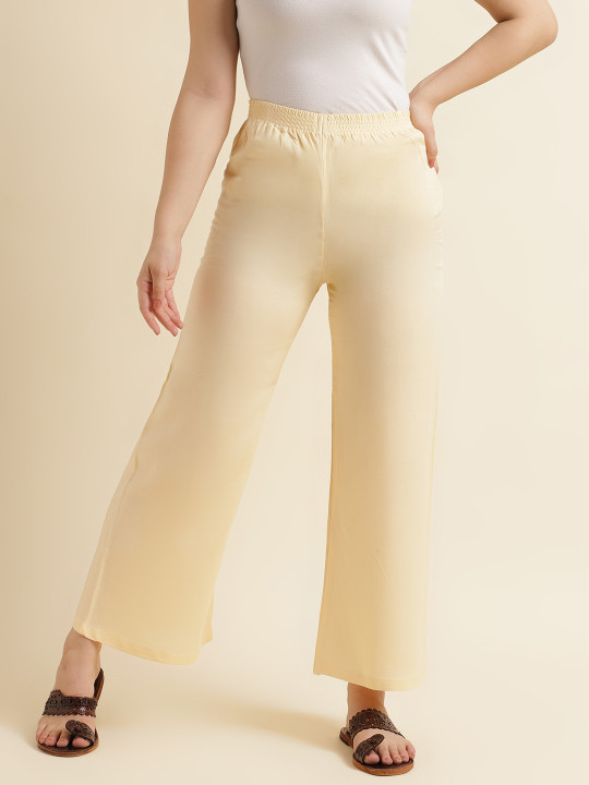 Fabclub Women Cream-Coloured Solid Ethnic Palazzos