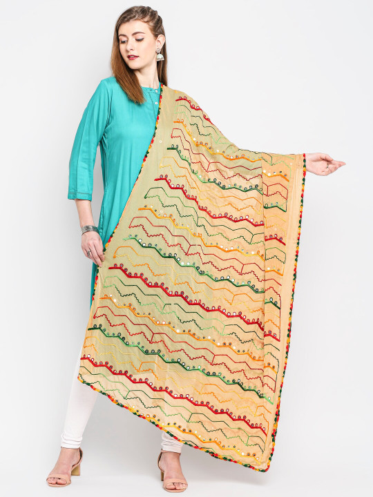 Dupatta Bazaar Beige & Green Ethnic Motifs Embroidered Dupatta with Mirror Work