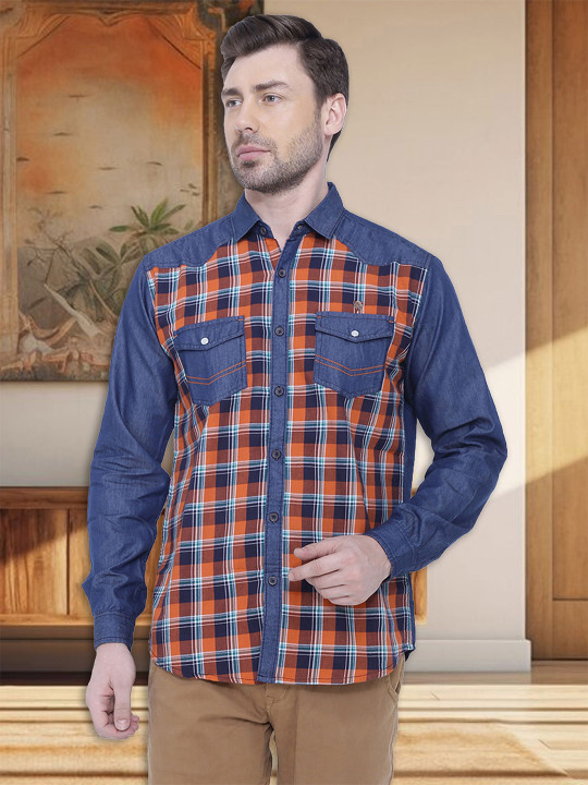Kuons Avenue Men Blue & Orange Smart Slim Fit Checked Cotton Denim Casual Shirt