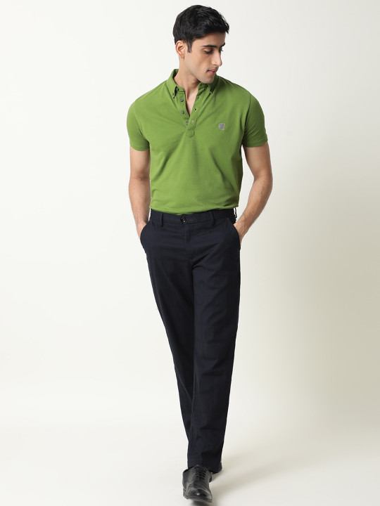 RARE RABBIT Men Navy Blue Regular Fit Solid Trousers