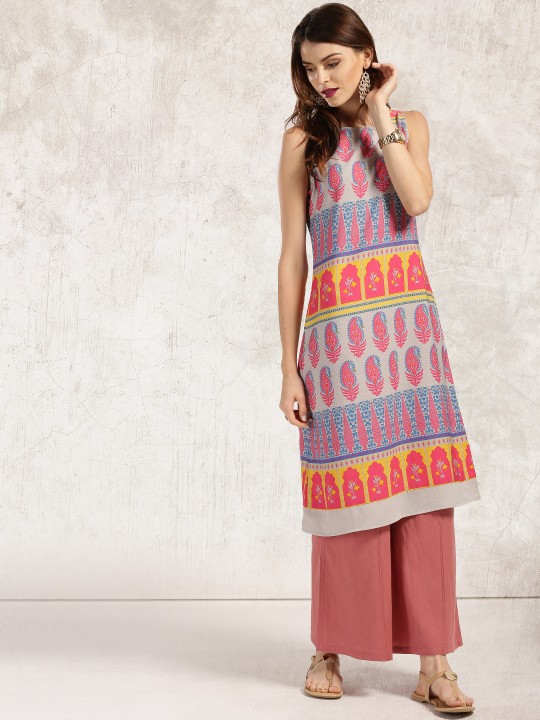 Buy Women Grey Pink Printed Straight Kurta S Online at desertcartCyprus