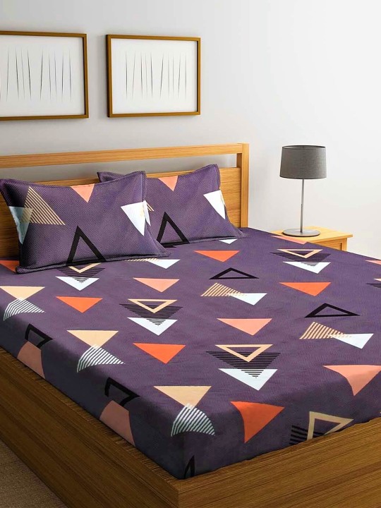 Home Sizzler Purple Geometric 210 TC Cotton 1 Double Queen Bedsheet With 2 Pillow Covers