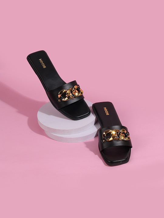Women Black Embellished Open Toe Flats