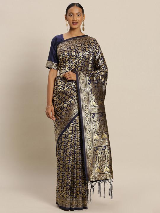 Mitera Navy Blue & Gold-Toned Woven Design Zari Silk Blend Banarasi Saree