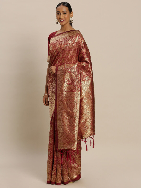 Mitera Red & Gold-Toned Ethnic Motifs Silk Blend Banarasi Saree