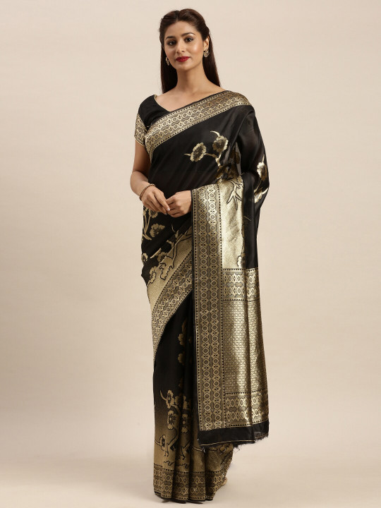 Mitera Black & Gold-Toned Woven Design Zari Silk Blend Banarasi Saree