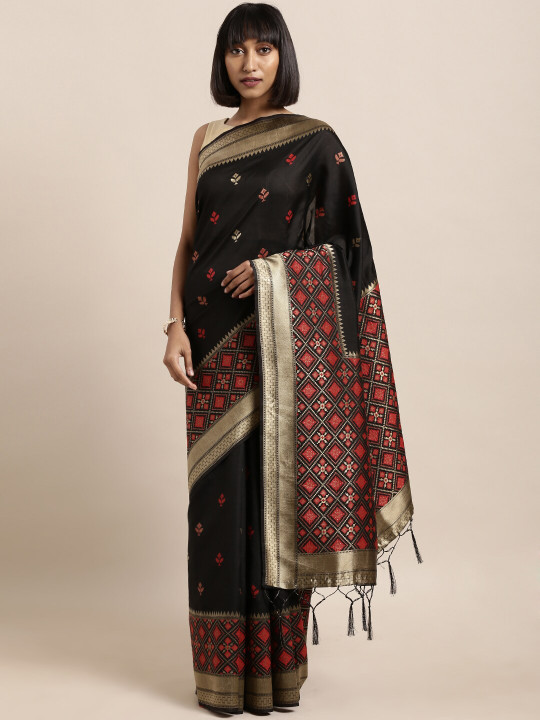 Mitera Black & Rose Gold Woven Design Zari Silk Blend Banarasi Saree