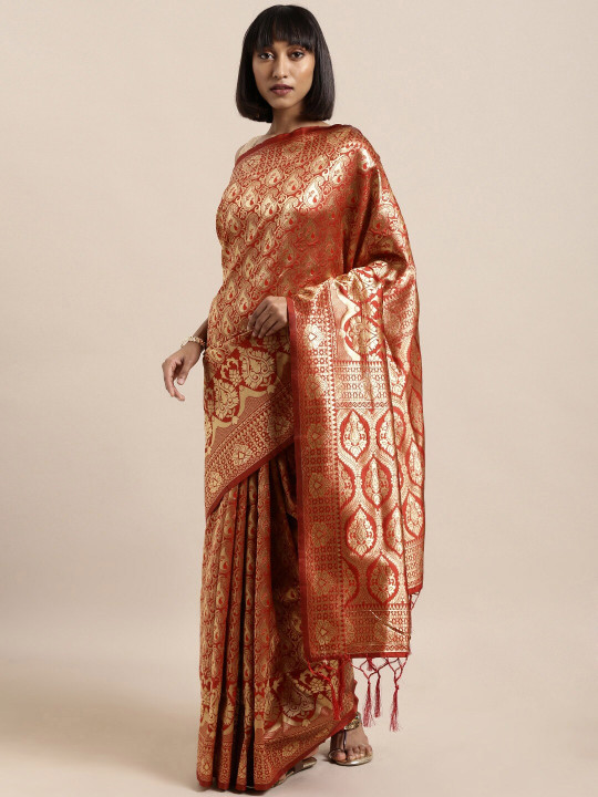 Mitera Red & Gold-Toned Ethnic Motifs Zari Silk Blend Banarasi Saree