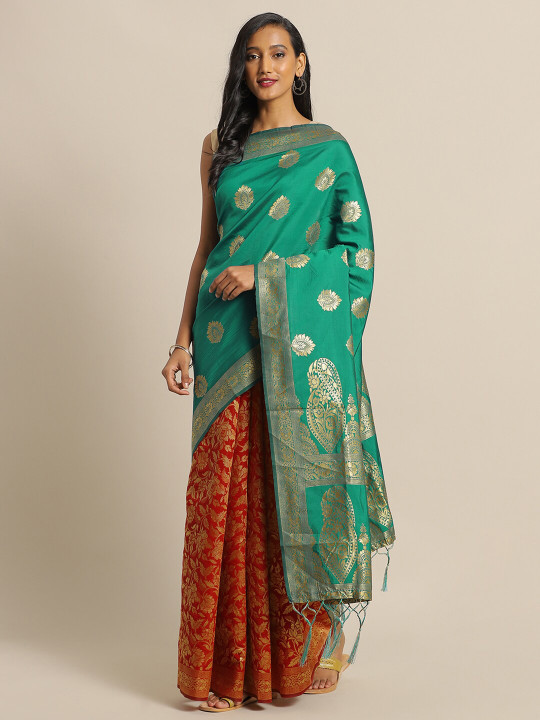 Mitera Green & Red Ethnic Motifs Zari Silk Blend Banarasi Saree