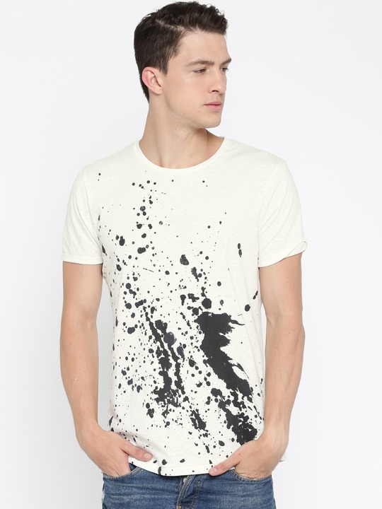 Men White Printed Round Neck Slim T-shirt L