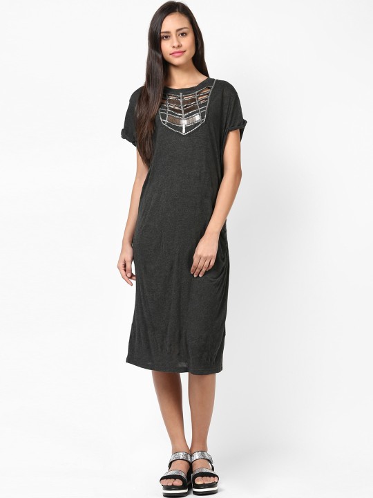 Women Charcoal Grey Solid Midi Dress S