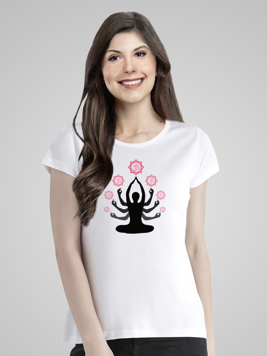 Pootlu Women White Printed Cotton T-shirt