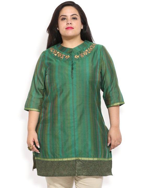 Women Green Woven Design Straight Kurta XXL