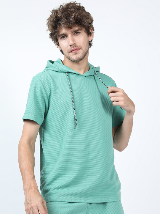 HIGHLANDER Men Turquoise Blue Regular Fit Structured Hooded T-shirt