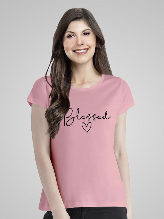 Pootlu Women Pink Typography Printed Pure Cotton T-shirt