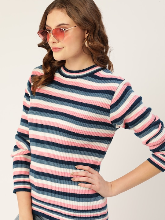 Dressberry Women Navy Blue & Pink Striped Pullover
