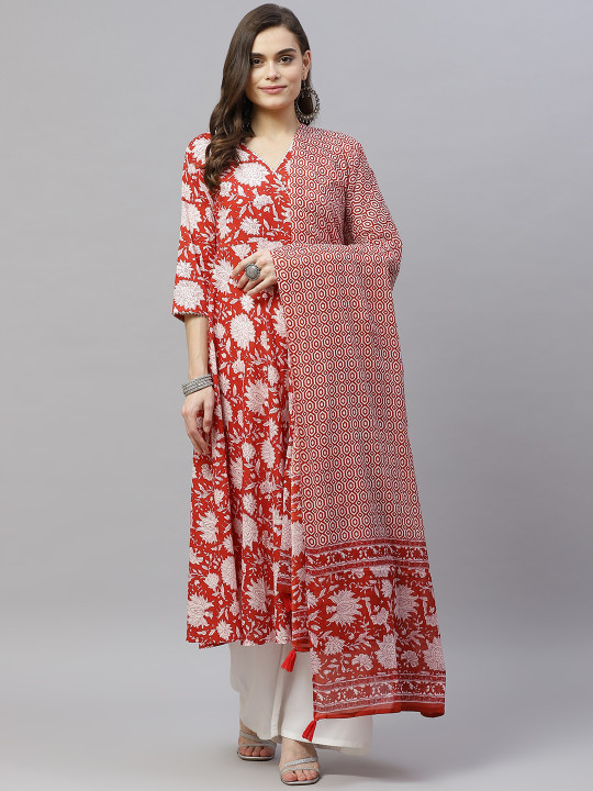 MIRAVAN Women Red & White Ethnic Motifs Printed Gotta Patti Anarkali Kurta & Dupatta