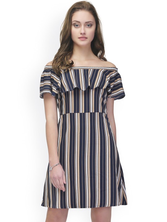 Women Beige & Navy Striped Off-Shoulder Fit & Flare Dress XS