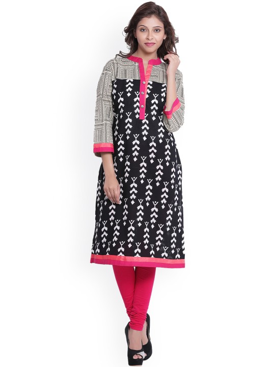 Women Black & White Printed Straight Kurta M
