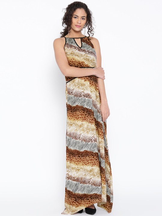 Women Brown & Off-White Printed Maxi Dress XS