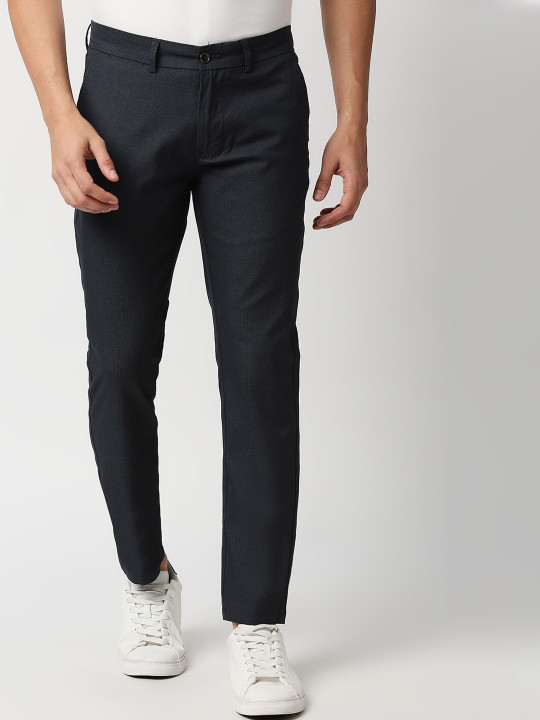 Basics Men Navy Blue Tapered Fit Trousers