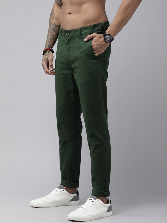 Roadster Men Dark Green Straight Fit Solid Trousers