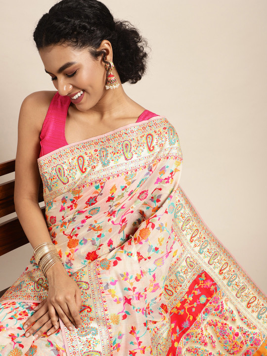 Mitera White & Pink Ethnic Motifs Woven Design Saree